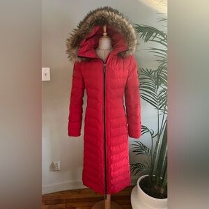 Superdry Bright Red Arctic Long Puffer Jacket with Fur Hood | Size 4